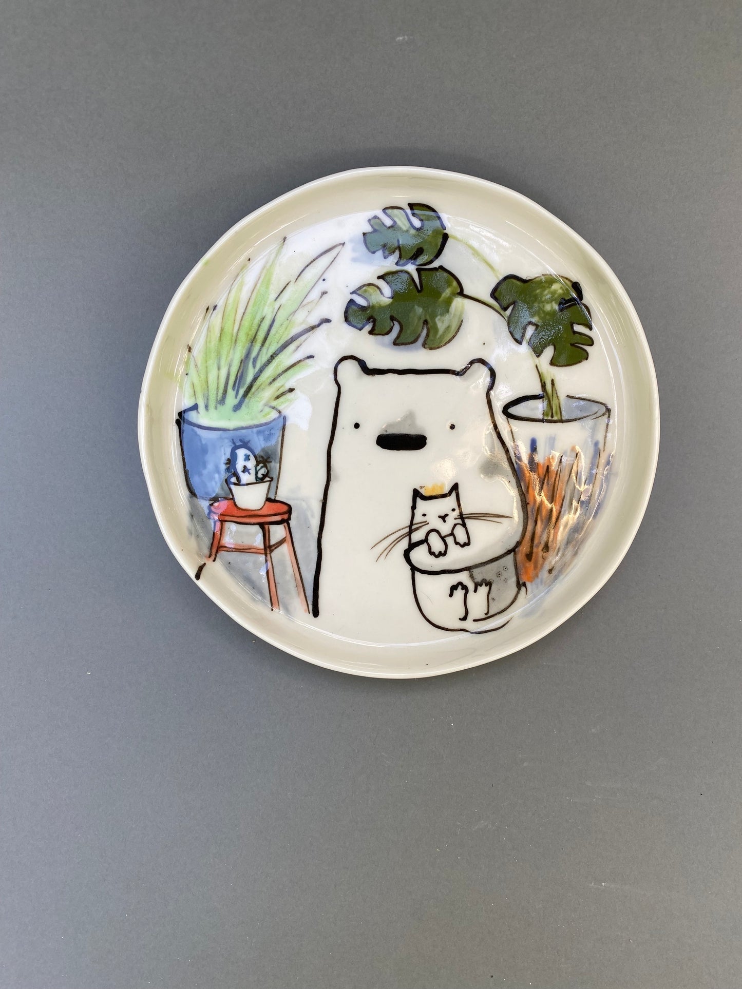Bear with his cat and plants