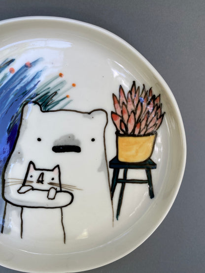 Bear, cat and some plants
